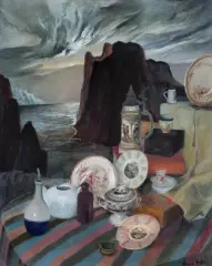 Maria Anto, MARTWA NATURA Z CZARNĄ SKAŁĄ, 1986, olej, płótno