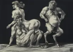 Adam Hoffmann, SCENA Z SATYREM, 1972, kredka czarna, tusz pędzel, papier