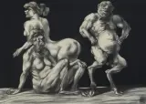 Adam Hoffmann, SCENA Z SATYREM, 1972, kredka czarna, tusz pędzel, papier