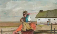 Janusz Lewandowski, SCENA RODZAJOWA W PEJZAŻU, olej, płótno