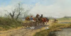 Ludwik Gędłek, UCIECZKA W DRODZE NA TARG, olej, płótno dublowane