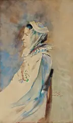 Julian Fałat, KOBIETA W CZEPCU, 1898, akwarela, papier