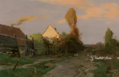 Roman Kochanowski, GĘSIARECZKA NA WIEJSKIEJ DRODZE, ok. 1905, olej, deska