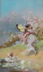 ZEFIR I FLORA by Jan Czesław Moniuszko, 1907, olej, płótno naklejone na tekturę, sold Oct 2025