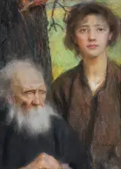Teodor Axentowicz, STAROŚĆ I MŁODOŚĆ, pastel, akwarela, tektura