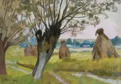 Stanisław Kamocki, SNOPY ZBOŻA, olej, tektura