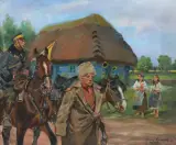 Jerzy Kossak, PROWADZENIE JEŃCA, olej, tektura