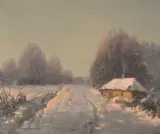Wiktor Korecki, PEJZAŻ ZIMOWY Z CHATĄ, olej, płótno
