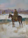 Jerzy Kossak, UŁAN NA WIDECIE, 1935, olej, sklejka