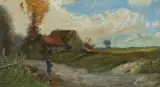 Roman Kochanowski, PEJZAŻ Z POSTACIĄ NA DRODZE, olej, tektura