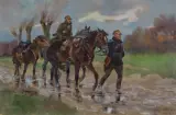 Jerzy Kossak, UŁANI NA DRODZE, 1930, olej, tektura