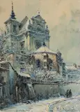 KOŚCIÓŁ ŚW. ANNY W WARSZAWIE by Władysław Chmieliński, przed 1939, akwarela, gwasz, papier naklejony na tekturę, sold Oct 2025