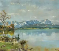 Josef Burger, PEJZAŻ GÓRSKI Z JEZIOREM, olej, płótno