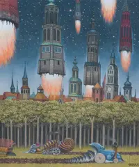 Jacek Yerka, Pielgrzymka na Marsa, 2025, pastel, papier naklejony na tekturę