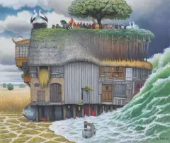 Jacek Yerka, Gotowi na potop, 2025, pastel, papier naklejony na tekturę