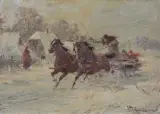 ZIMĄ PRZEZ WIEŚ by Władysław Chmieliński, olej, tektura, offered Jul 2025