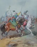Antoni Trzeszczkowski, POTYCZKA Z TURKAMI, akwarela, gwasz, tektura