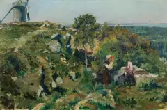 PEJZAŻ Z MŁYNEM by Paweł Merwart, olej, deska mahoniowa o sfazowanych krawędziach, offered Jun 2025