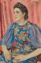 Józef Mehoffer, PORTRET KOBIETY W SUKNI W KWIATY, 1942, akwarela, ołówek, papier