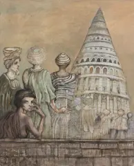 Jan Lebensztejn, LA TOUR DE BABEL (WIEŻA BABEL), 1989, olej, technika mieszana, płótno