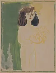 Tadeusz Dominiku, DZIEWCZYNKA Z KWIATAMI, 1956, drzeworyt barwny, papier