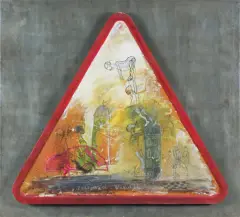 Henryk Cześnik, TRĘDOWACI I WARIACI, 1999, olej, znak drogowy, technika własna, płyta