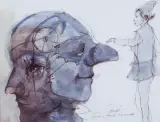 Tomasz Sętowski, GŁOWA O DWÓCH TWARZACH, akwarela, tusz, papier