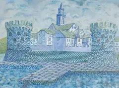 Jan Płaskociński, WIDOK MIEJSKI Z BASZTAMI, 1963, olej, tektura