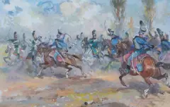 Antoni Trzeszczkowski, POTYCZKA HUZARÓW Z DRAGONAMI, akwarela, gwasz, tektura