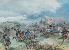Antoni Trzeszczkowski, SZARŻA HUSARII NA JAZDĘ TURECKĄ, akwarela, gwasz, papier