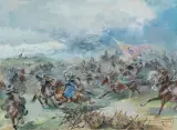 Antoni Trzeszczkowski, SZARŻA HUSARII NA JAZDĘ TURECKĄ, akwarela, gwasz, papier
