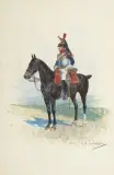KIRASJER 14. PUŁKU ARMII KS. WARSZAWSKIEGO by Jan Chełmiński, akwarela, gwasz, tektura, offered Mar 2025