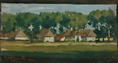 Józef Brandt, PEJZAŻ Z CHATAMI, 1882, olej, tektura