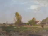 Roman Kochanowski, PEJZAŻ Z CHATAMI, olej, papier naklejony na tekturę