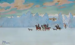 WYJAZD NA POLOWANIE by Julian Fałat, akwarela, gwasz, tektura, sold Mar 2025