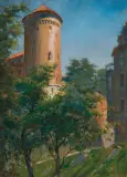 Leonard Stroynowski, WIEŻA SANDOMIERSKA NA WAWELU, ok. 1921, olej, tektura