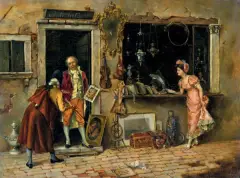 Giulio Beda, PRZED ANTYKWARIATEM WE WŁOSZECH, olej, deska
