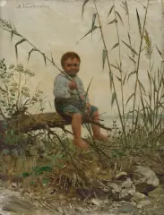 Antoni Kozakiewicz, CHŁOPIEC W SZUWARACH, ok. 1890, olej, deska mahoniowa