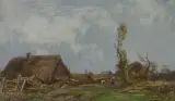 Roman Kochanowski, PEJZAŻ Z CHATAMI, 1890-1900, olej, deska mahoniowa