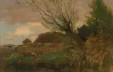 Roman Kochanowski, PEJZAŻ Z POSTACIĄ, ok. 1900, olej, karton naklejony na tekturę i deskę