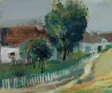 NA SKRAJU MIASTECZKA, lata 30. XX w by Rajmund Kanelba, olej, płótno, offered Dec 2024