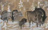Józef Wilkoń, ŻUBRY, 1964, gwasz, tusz pędzel, papier