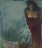 Alicja Wahl, KOBIETA W CZERWONEJ SUKNI, przed 1982, olej, płótno