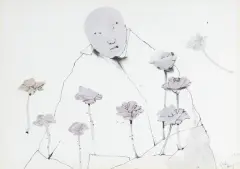 Stasys Eidrigevičius, POSTAĆ Z KWIATAMI, 1991, tusz pióro, akwarela, papier