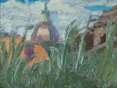 KOŚCIÓŁ SAKRAMENTEK OD STRONY RUIN NA BRZOZOWEJ by Zbigniew Makowski, olej, płótno, offered Nov 2024