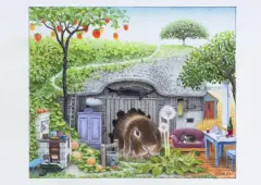 Jacek Yerka, KRÓLIK I PRZYJACIELE, 2023, kredki, ołówek, karton