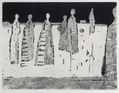 Halina Chrostowska, STATYSTKI, Z CYKLU "KOMEDIANCI", 1959, sucha igła, akwaforta, papier kremowy