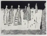Halina Chrostowska, STATYSTKI, Z CYKLU "KOMEDIANCI", 1959, sucha igła, akwaforta, papier kremowy