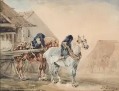 Piotr Michałowski, PERSZERONY ZAPRZĘŻONE DO WOZU, 1832-1835, akwarela, papier