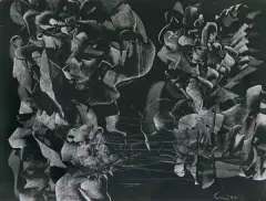 PEJZAŻ FANTASTYCZNY by Alfred Lenica, 1960, gwasz, technika własna, papier jasnoszary czerpany, offered Oct 2024
